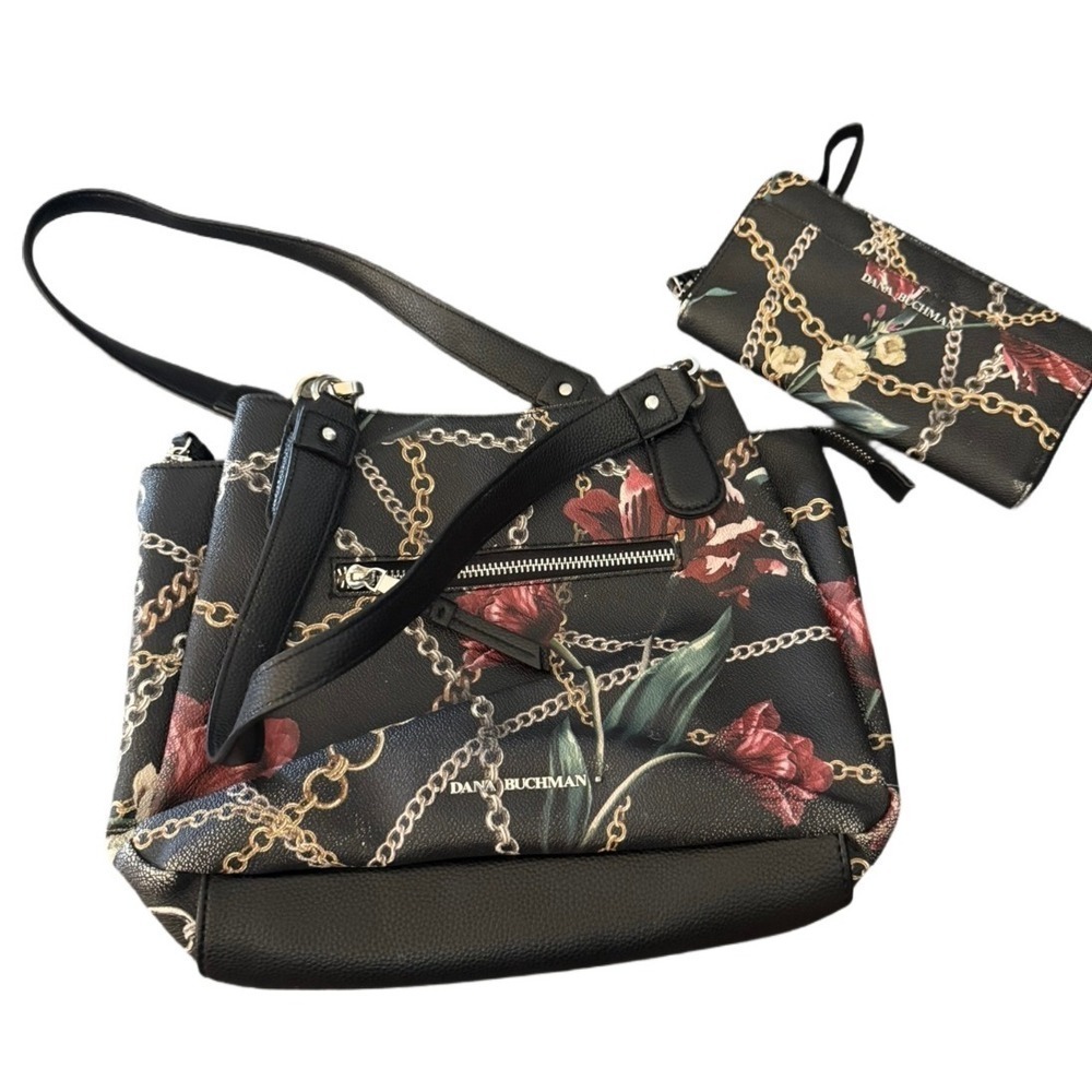 Dana Buchman Roses and Chains Satchel Handbag with Wallet Black